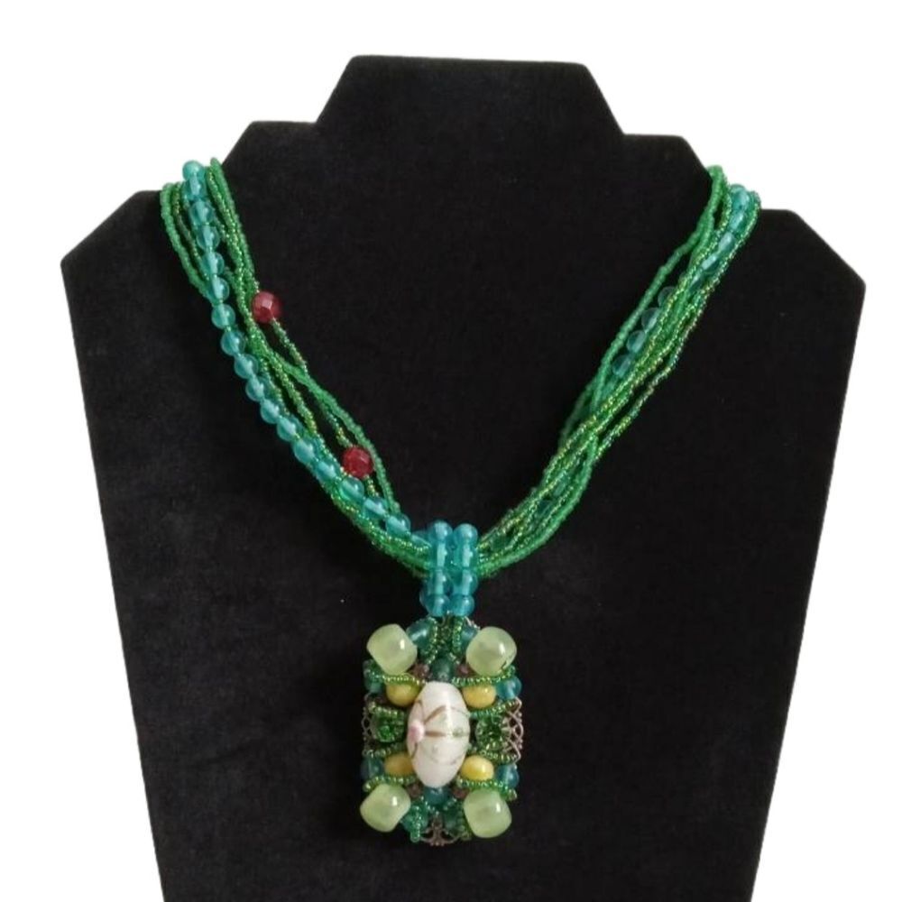 Handmade Green & Blue Beaded Multi Strand Rhinestone Pendant Statement Necklace